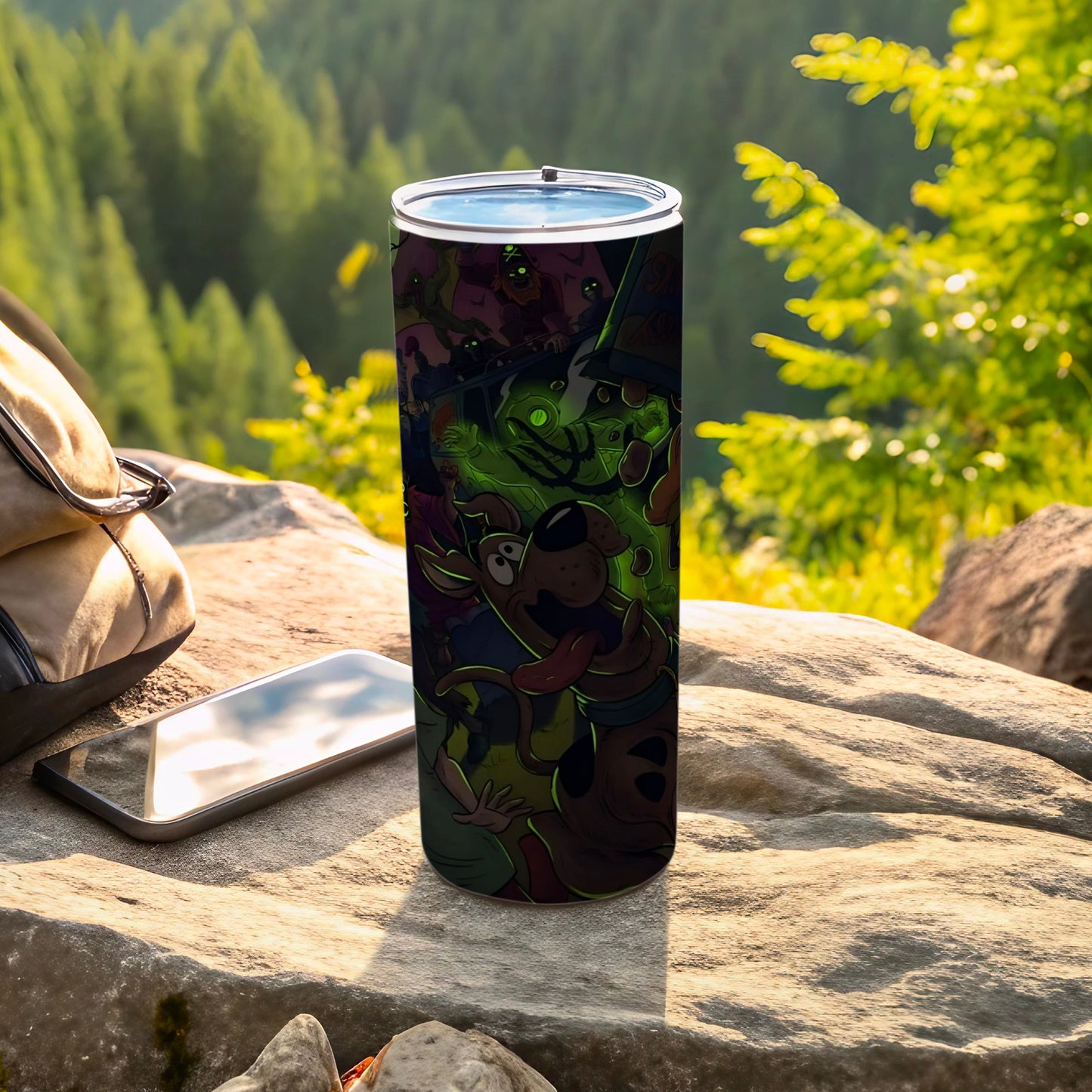 Scooby-Doo characters and monsters in a vibrant, green-lit design on a tumbler.