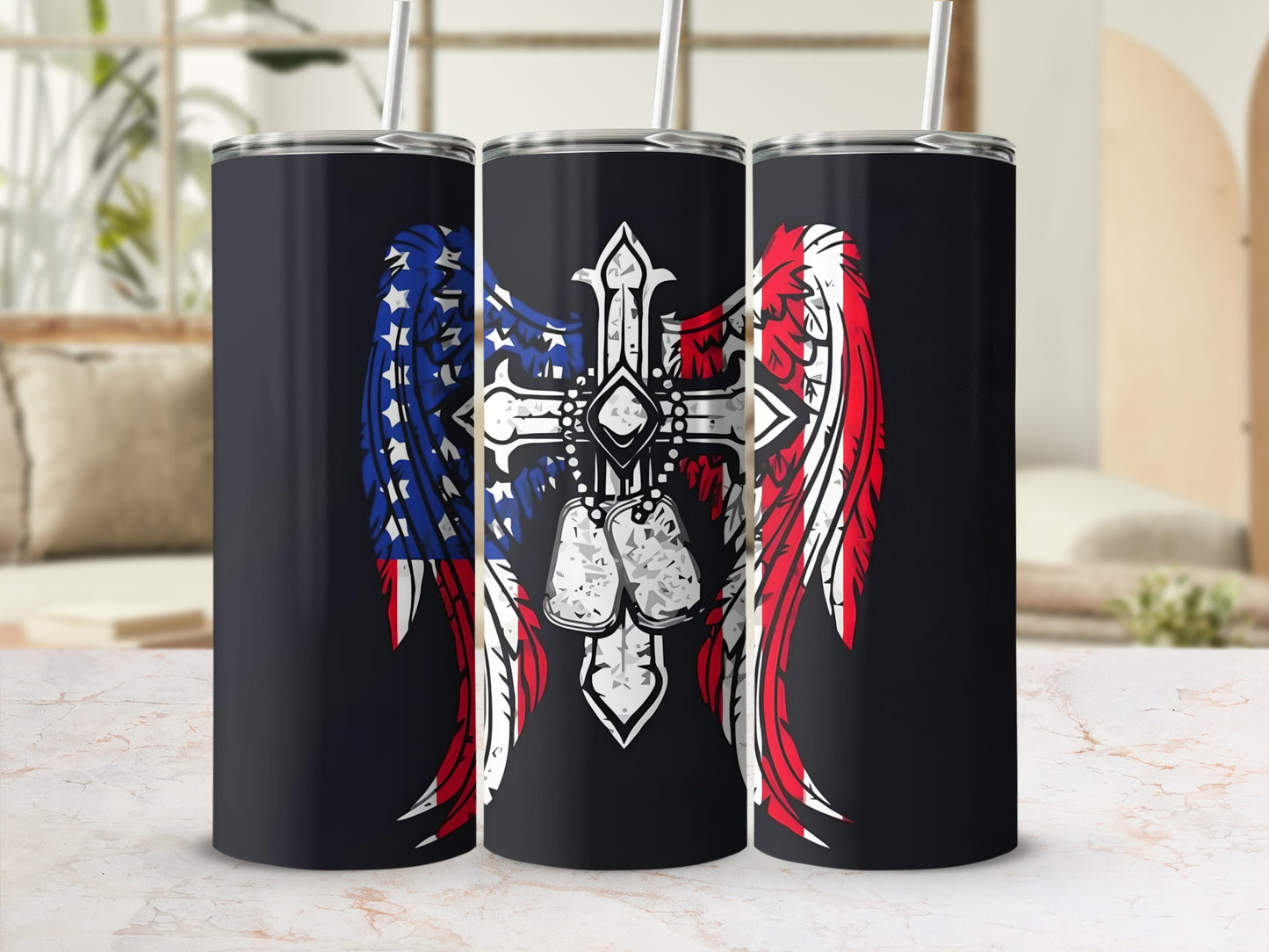 Patriotic Cross With Dog Tags Wings Tumbler