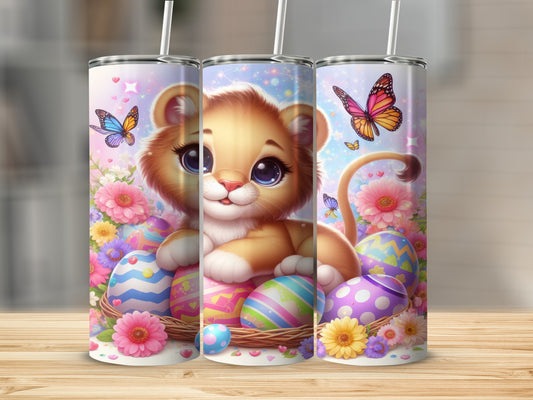 Lion cub with colorful Easter eggs and butterflies in a floral basket.