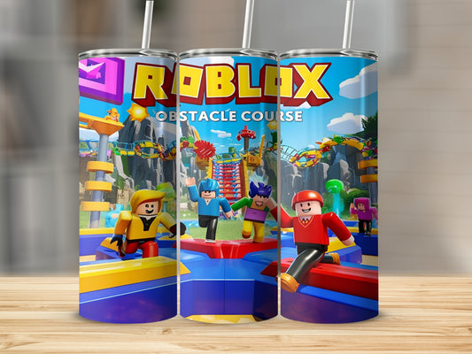 Roblox Obstacle Course tumbler featuring cartoon characters on a bright course.