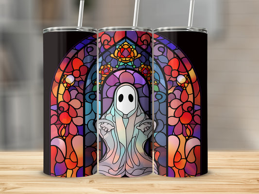 Ghost in stained glass tumbler design.