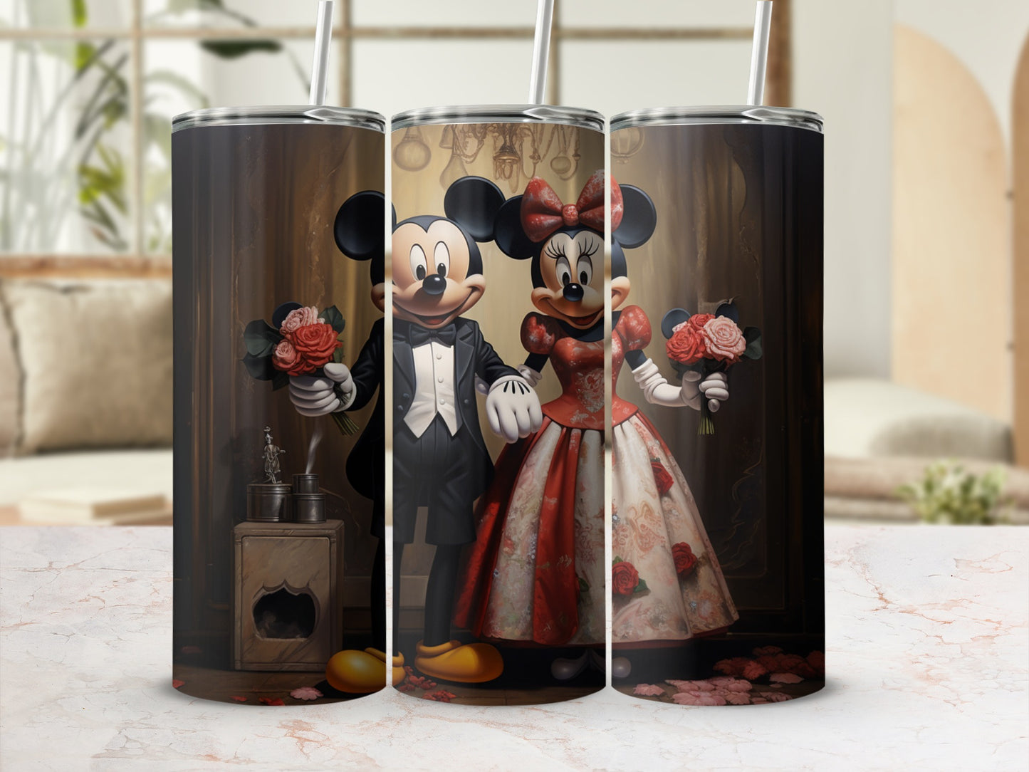 Mickey and Minnie Elegant Tumbler with Rosy Bouquet