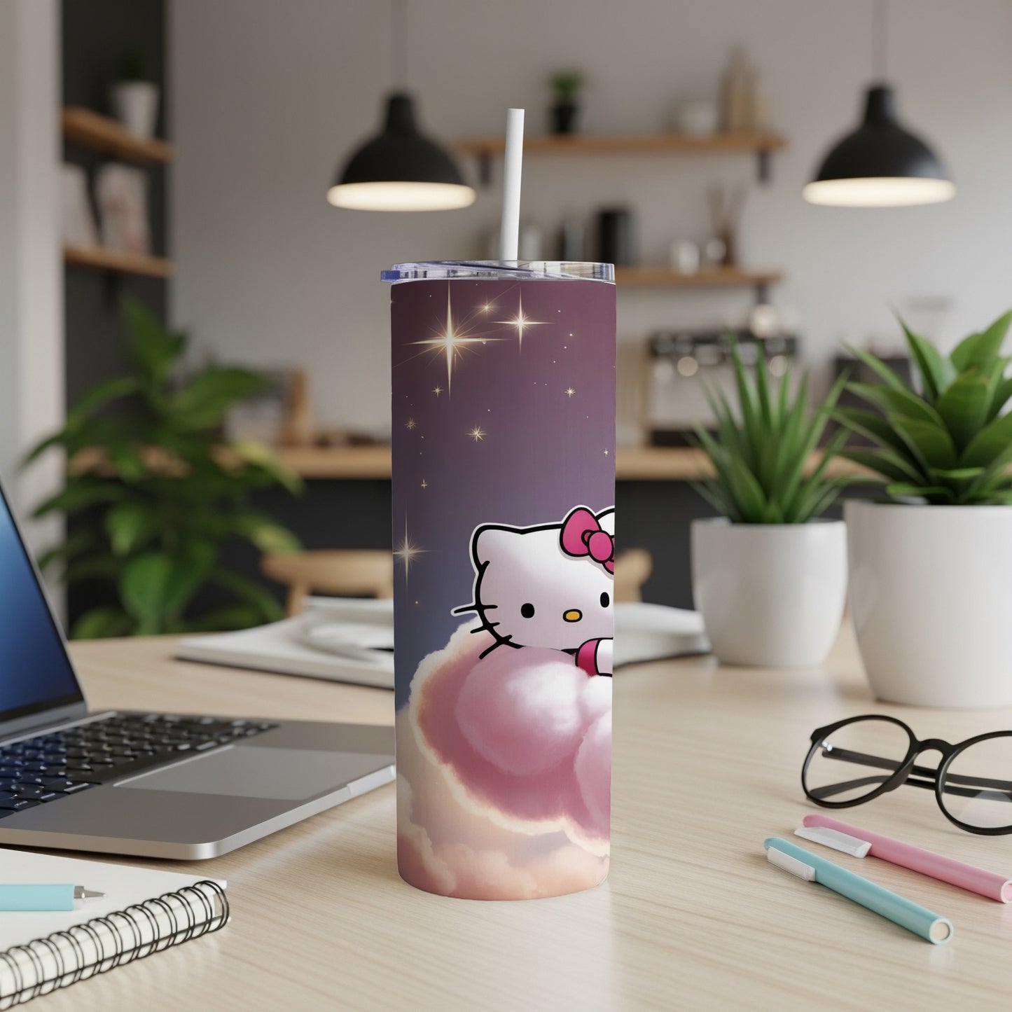 Hello Kitty character on a cloud against a starry night sky on a tumbler.