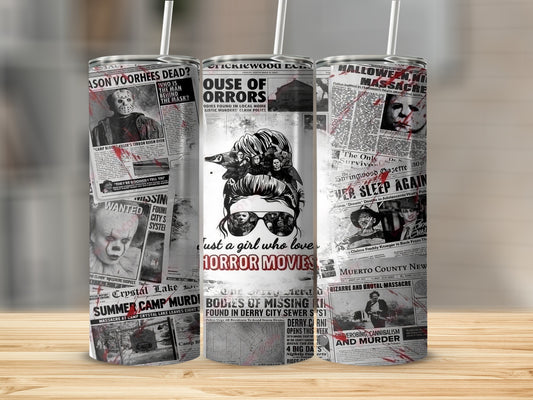 Collage of horror movie newspaper headlines on a tumbler.