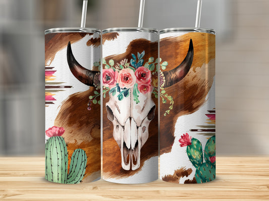 Cow skull with flowers and cacti, abstract western design tumbler.