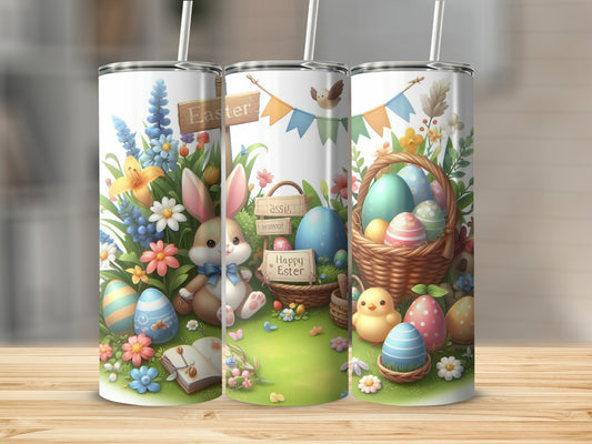Easter-themed tumbler with bunnies, chicks, Easter eggs, flowers, and "Happy Easter" text.