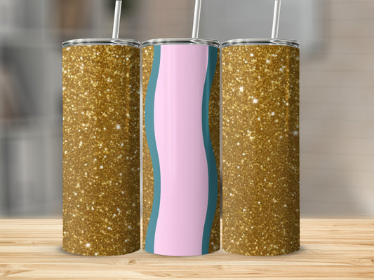 Three glitter tumblers with pink and teal wavy designs, displayed on a wooden surface.