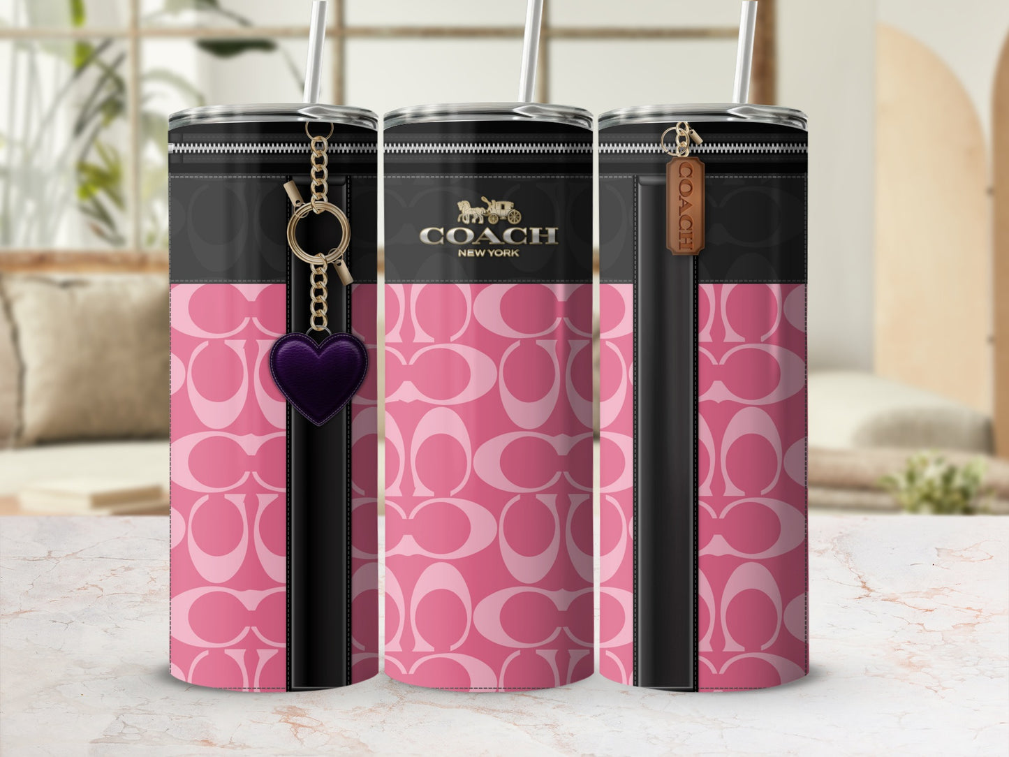 Coach New York Pink Black Tumbler with Heart and Tag Design