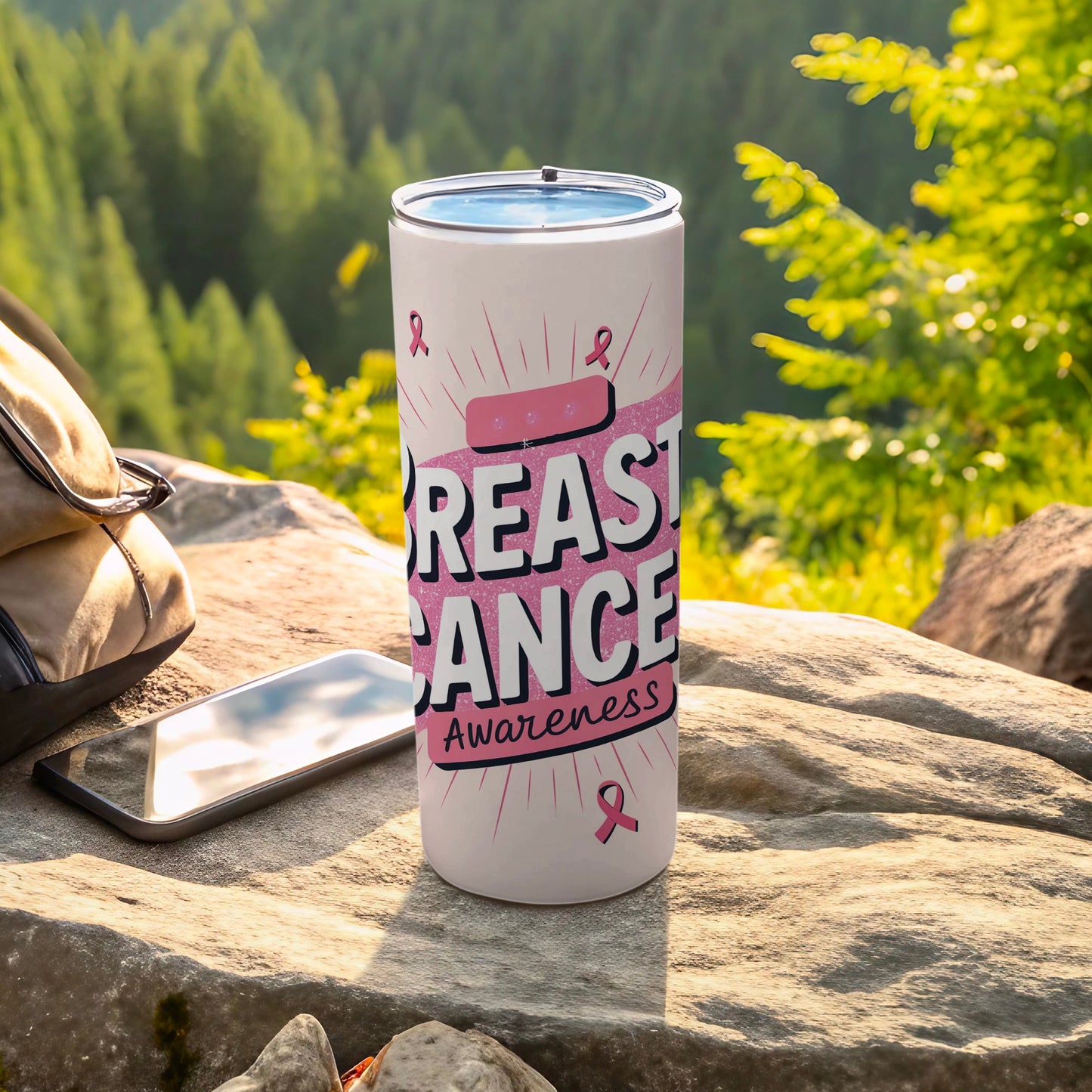 Pink tumbler with "Breast Cancer Awareness" text and ribbons.