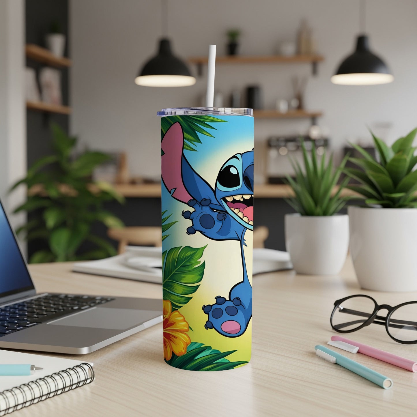 Stitch character on tropical leaves and flowers, on a travel tumbler.