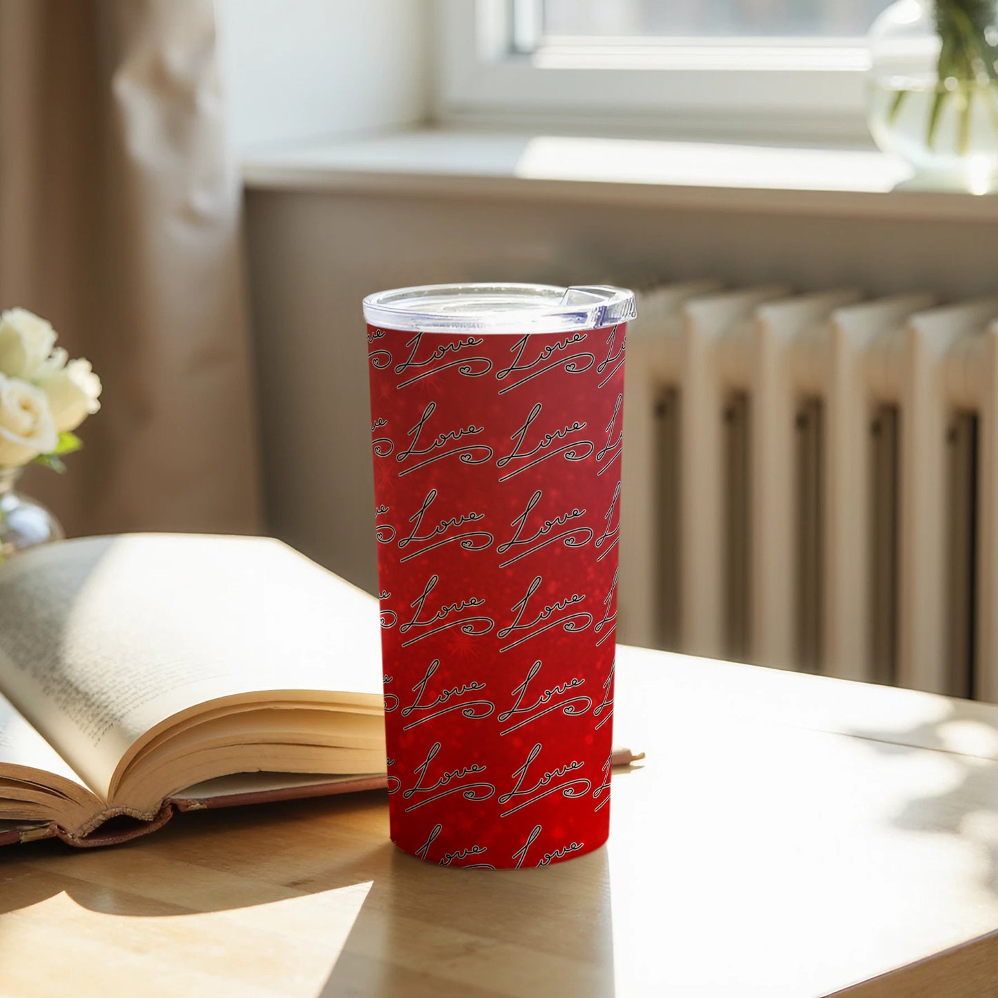 Stylish Red Tumbler with Elegant Lettering Design