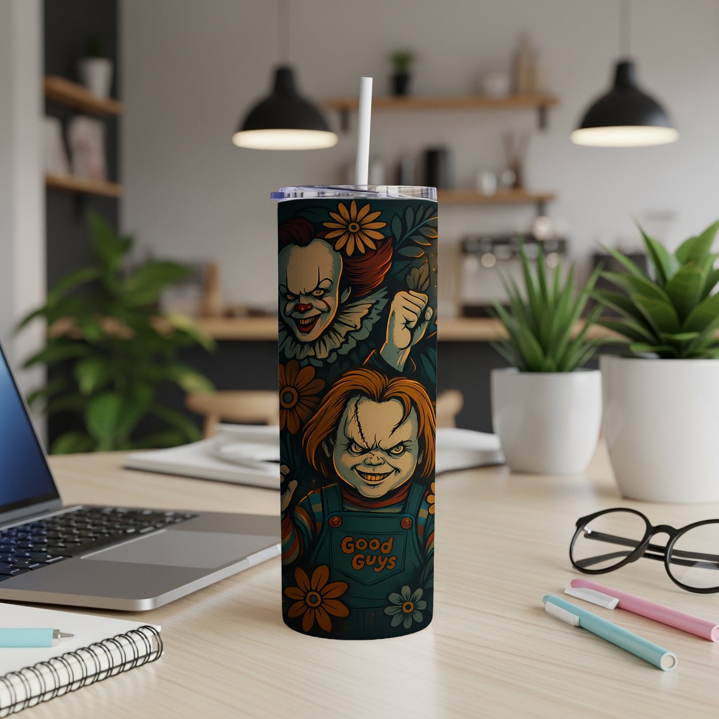 Tumbler with Chucky and Pennywise designs, "Good Guys" text, and floral accents.
