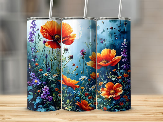 Three tumblers featuring a vibrant floral design with poppies and wildflowers.