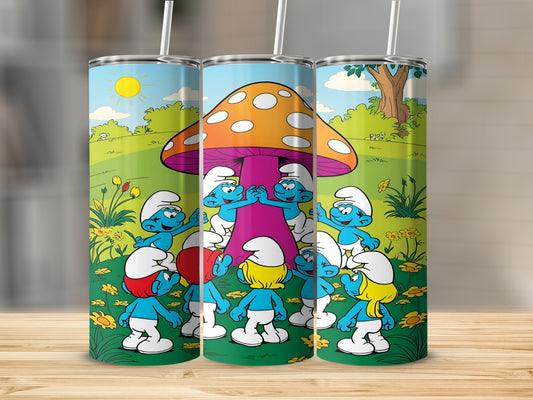 Smurfs celebrating around a mushroom in a meadow.