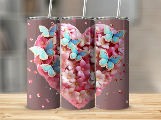 Three tumblers featuring a pink heart with butterflies and small flowers.