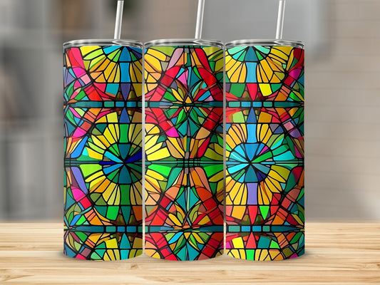 Three colorful tumblers with stained-glass window pattern.