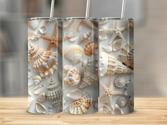 Three tumblers featuring a collage of seashells and starfish.