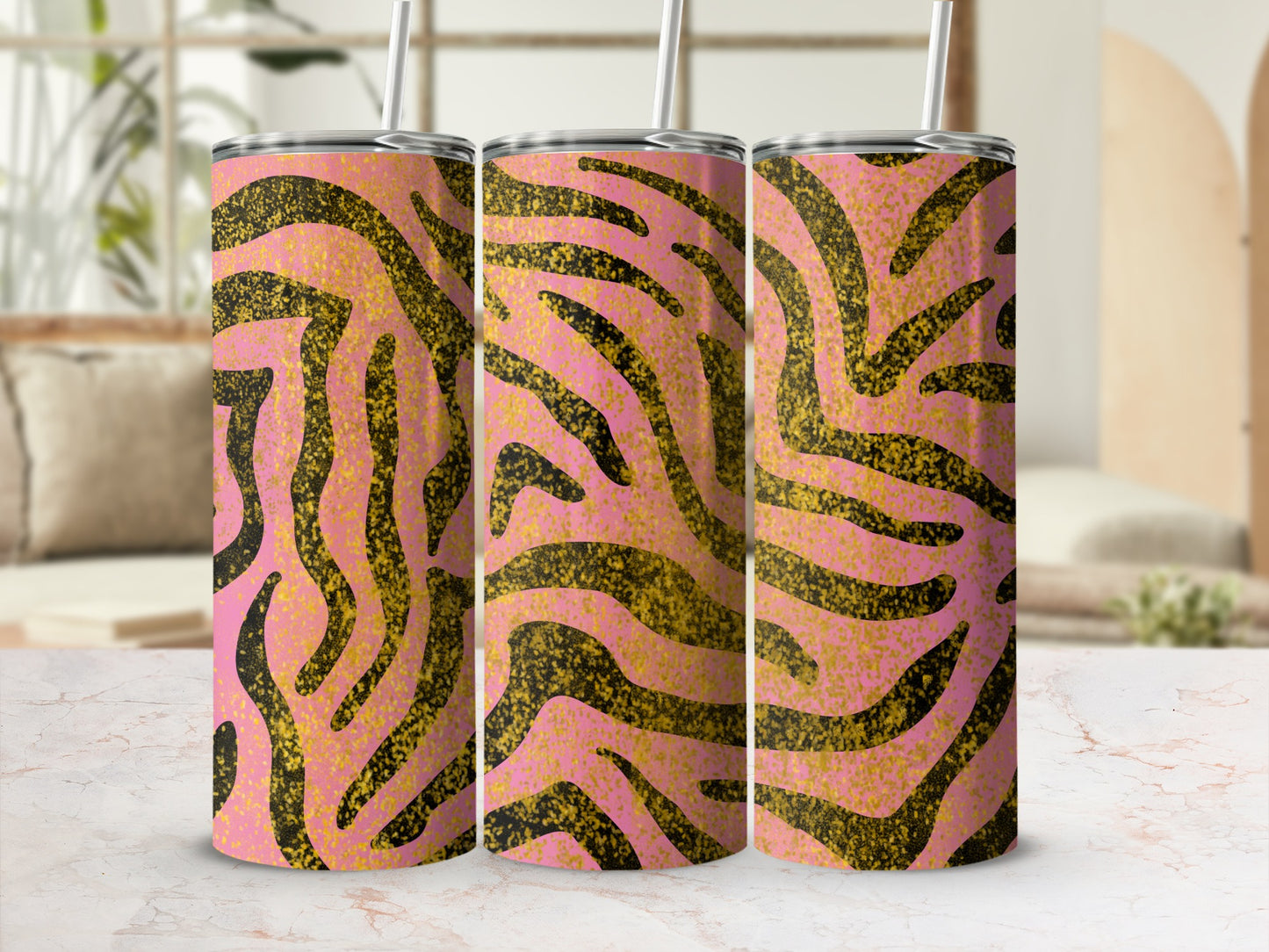 Pink and Black Animal Print Tumbler with Glitter Design