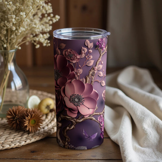 Elegant Purple Floral and Butterfly Tumbler