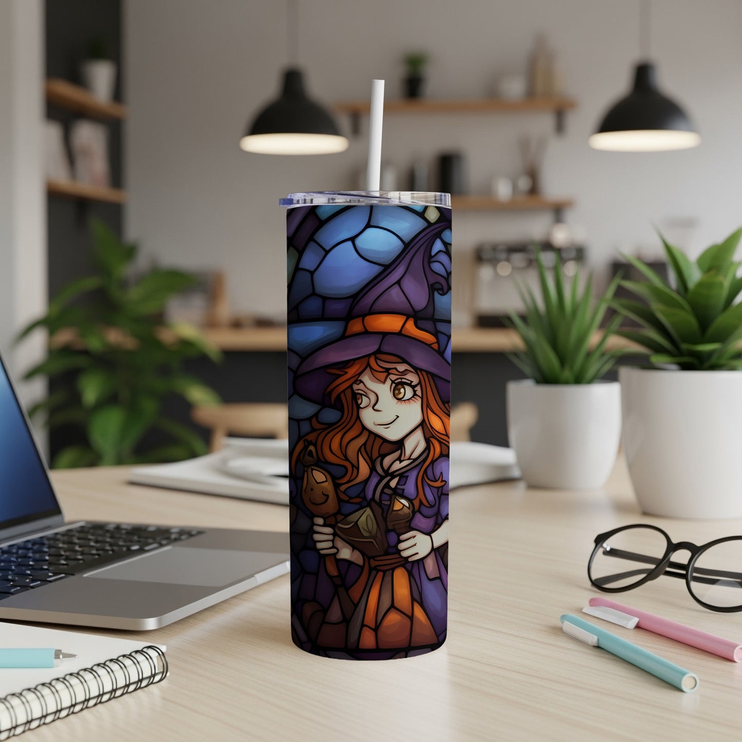 Stained glass witch with orange hair holding a black cat.