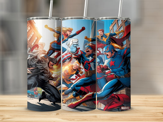 Marvel superheroes Captain America, Wolverine, and Iron Man in a city battle scene.