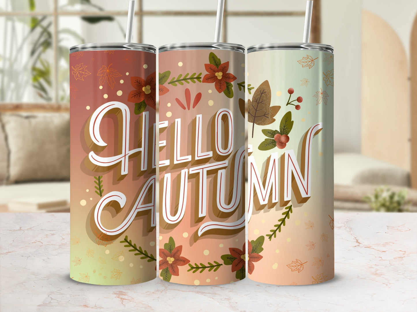Hello Autumn Floral and Leaf Design Tumbler Cup