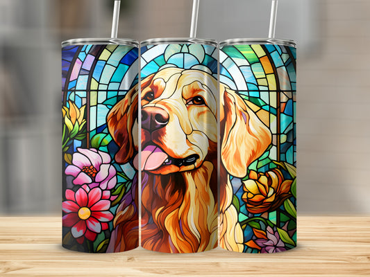 Golden Retriever stained glass art on three tumblers with floral accents.