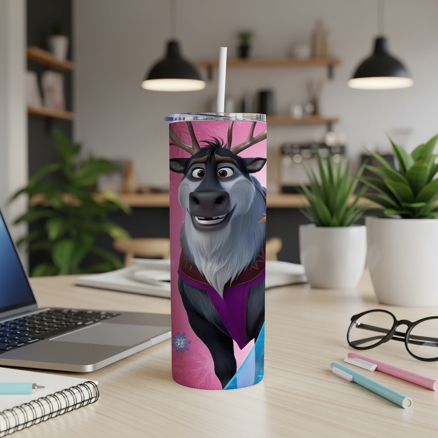 Sven the reindeer from Frozen on a pink and blue tumbler.