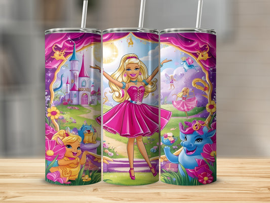 Three Barbie tumblers featuring a castle, fairies, and mythical creatures.