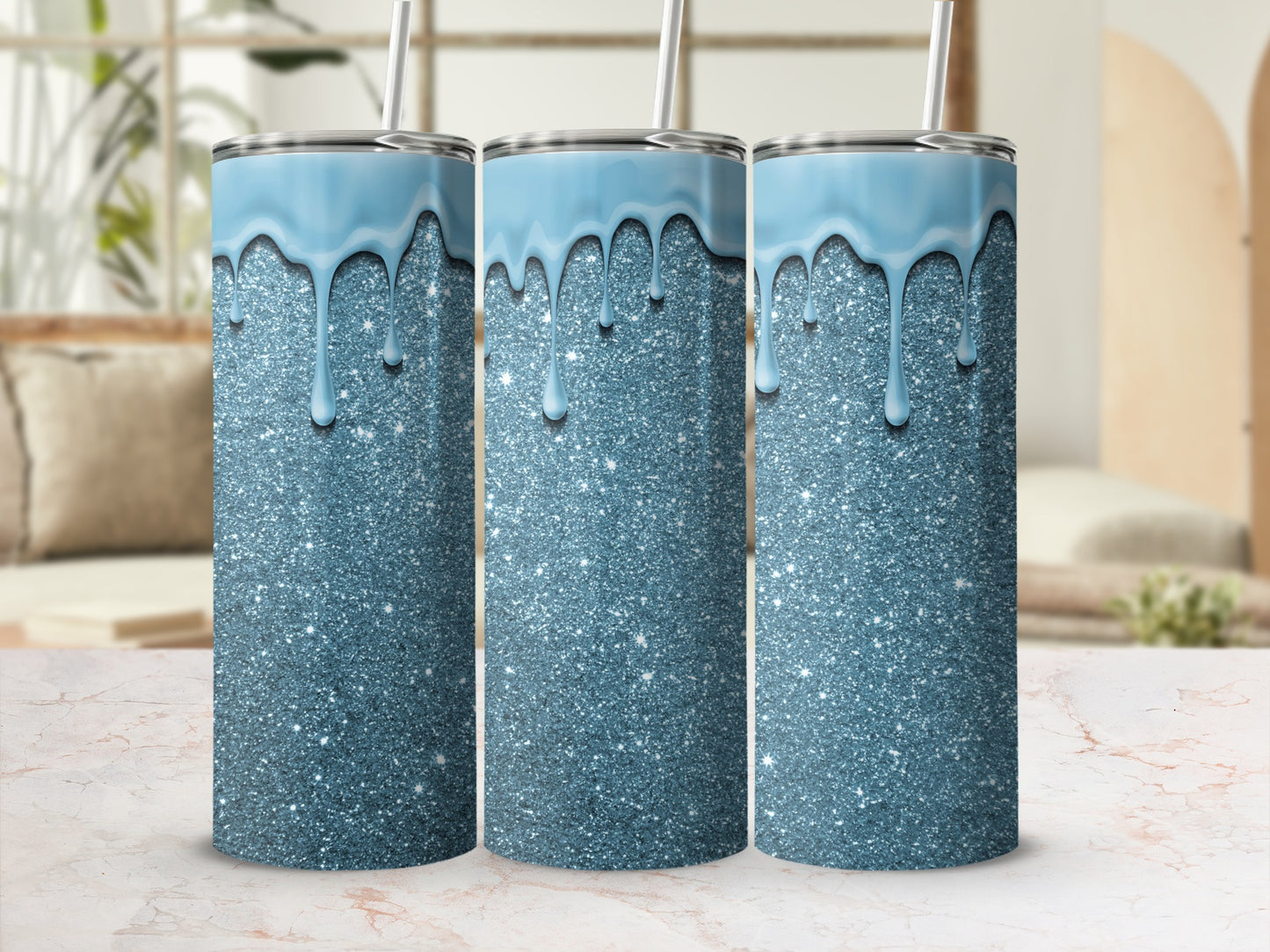 Shiny Blue Glittering Tumblers with Dripping Icy Design