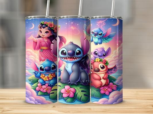 Three Stitch characters with flowers and clouds, pink and blue color scheme.