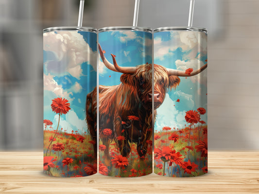 Highland cow among red flowers under a cloudy blue sky.