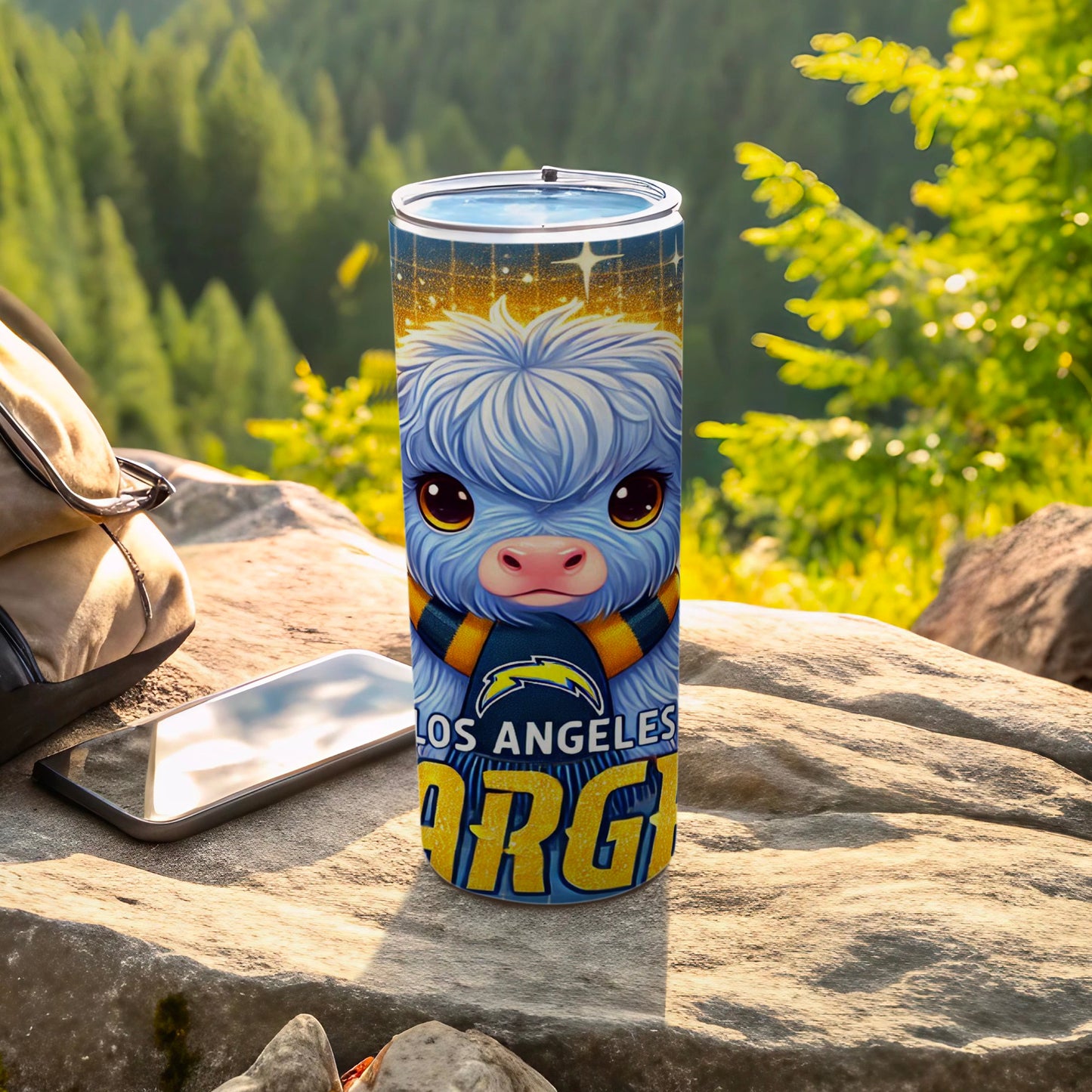 Blue fuzzy character with Chargers logo on a tall tumbler.
