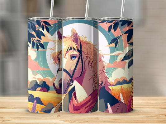 Triptych of a blonde horse with blue eyes on a rustic landscape tumbler.