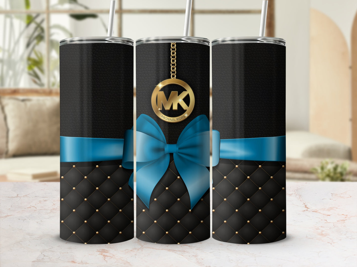 Elegant Black and Blue Tumbler with MK Logo Design