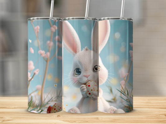Three tumblers with a fluffy white bunny holding an Easter egg.