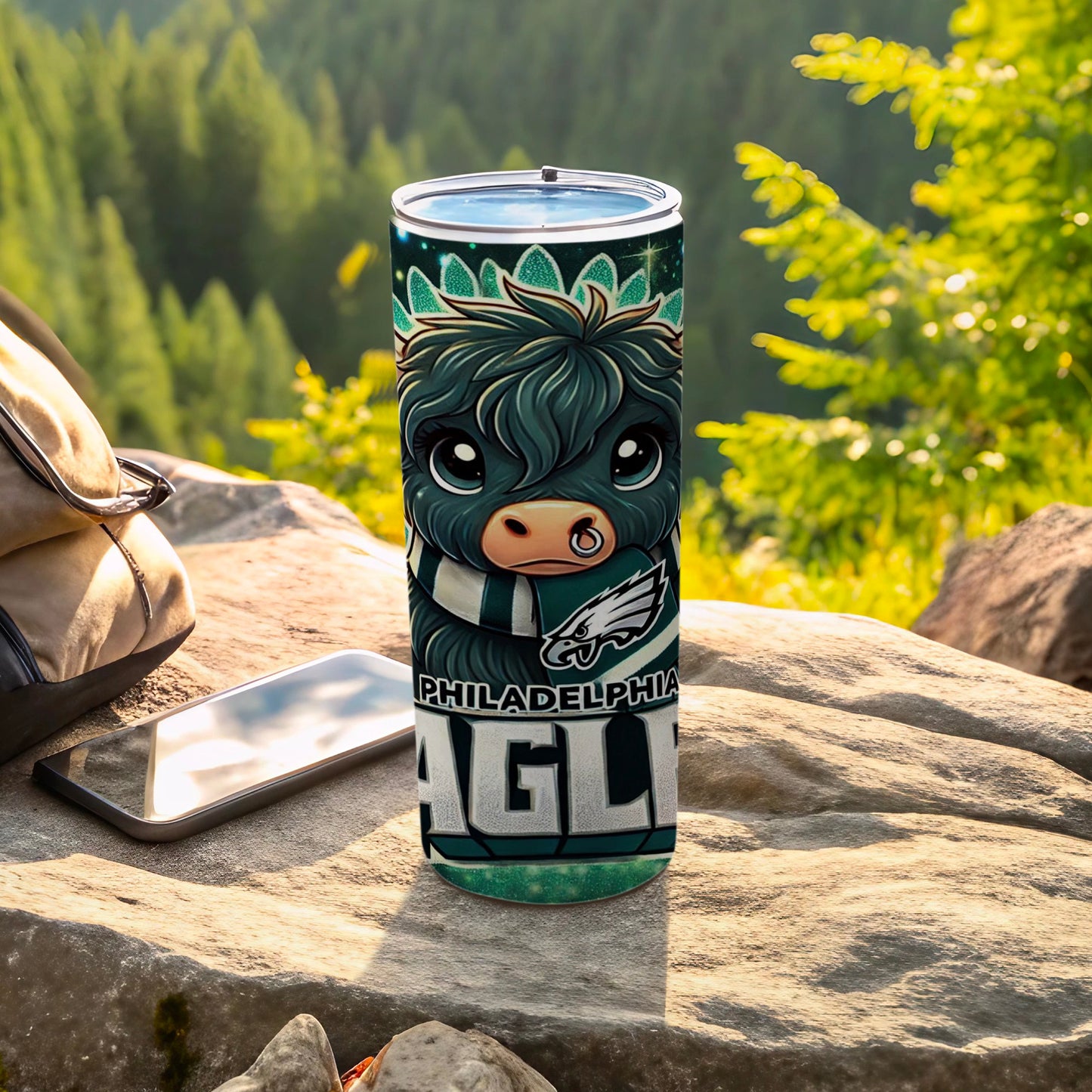 Philadelphia Eagles tumbler with a cartoon bull wearing a scarf.