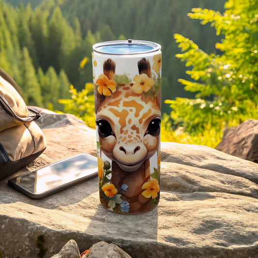 Adorable Baby Giraffe Floral Print Insulated Tumbler product type
giraffe, baby giraffe, cute animal, floral design, flower accents, nature print, outdoor scene, forest background, drink tumbler, insulated cup, travel mug, wildlife art, safari animal, cartoon giraffe, charming design, unique gift, beverage holder, patterned cup, adventure drinkware, adorable print
