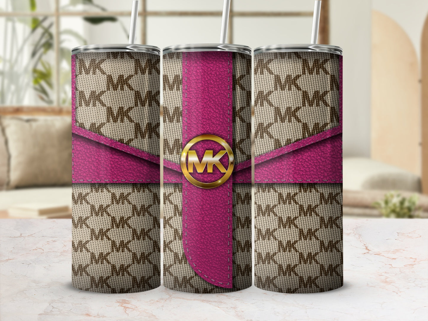 Stylish Pink and Monogram Pattern Insulated Tumbler