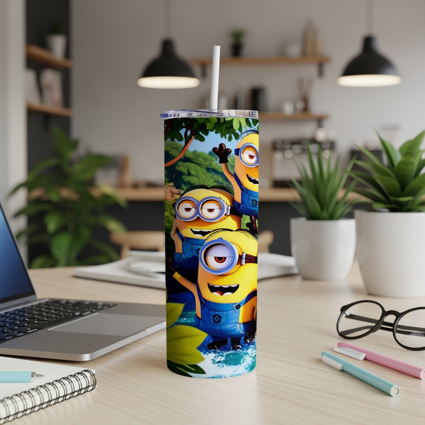 Minions character illustration on a tumbler with a kitchen background.