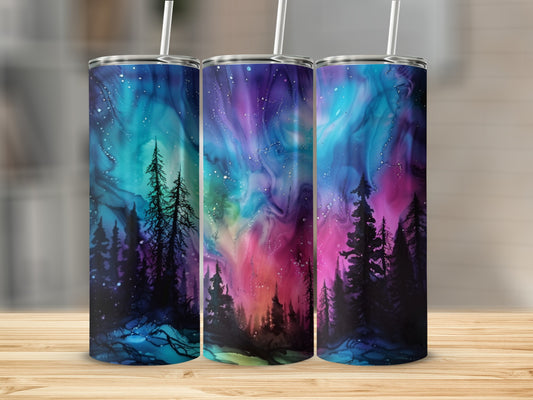 Three tumblers featuring a vibrant aurora borealis and silhouetted pine trees.