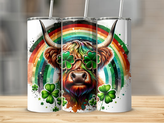 Highland cow with rainbow and shamrock glasses.