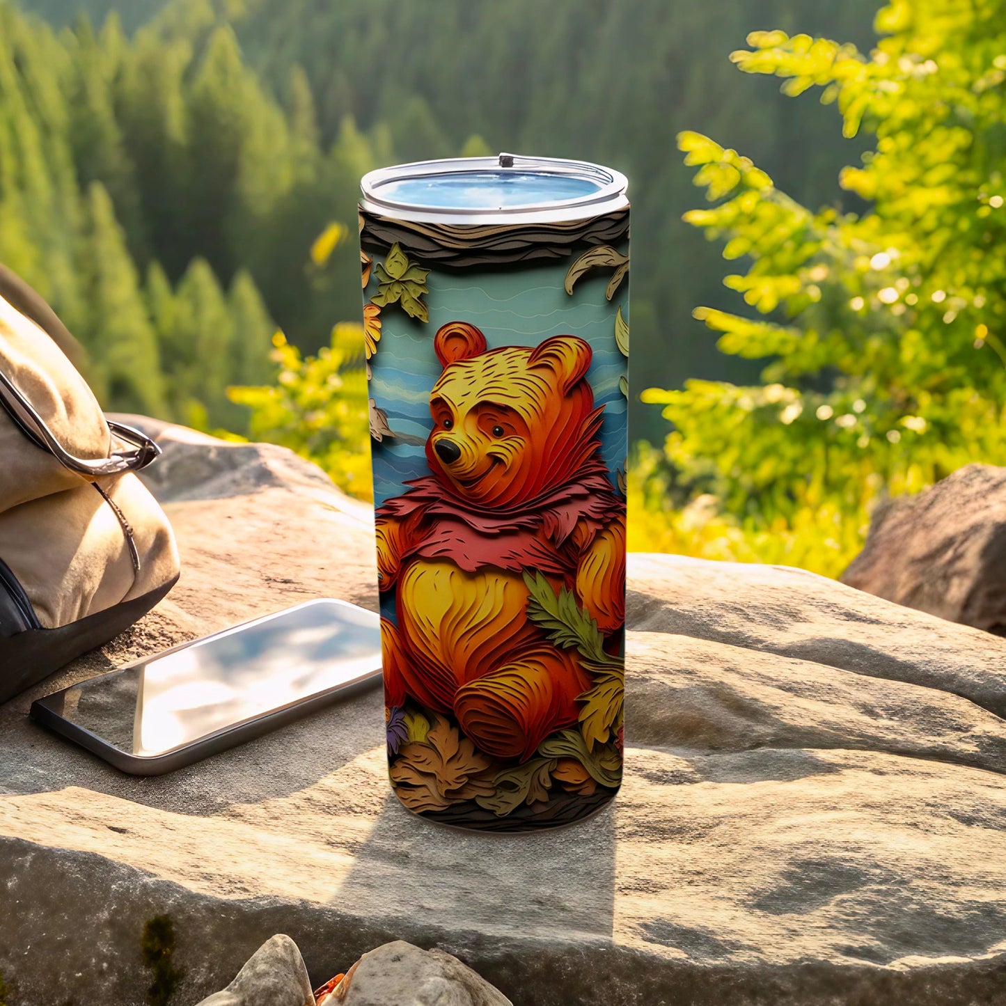 Colorful Bear Design Tumbler with Scenic Background