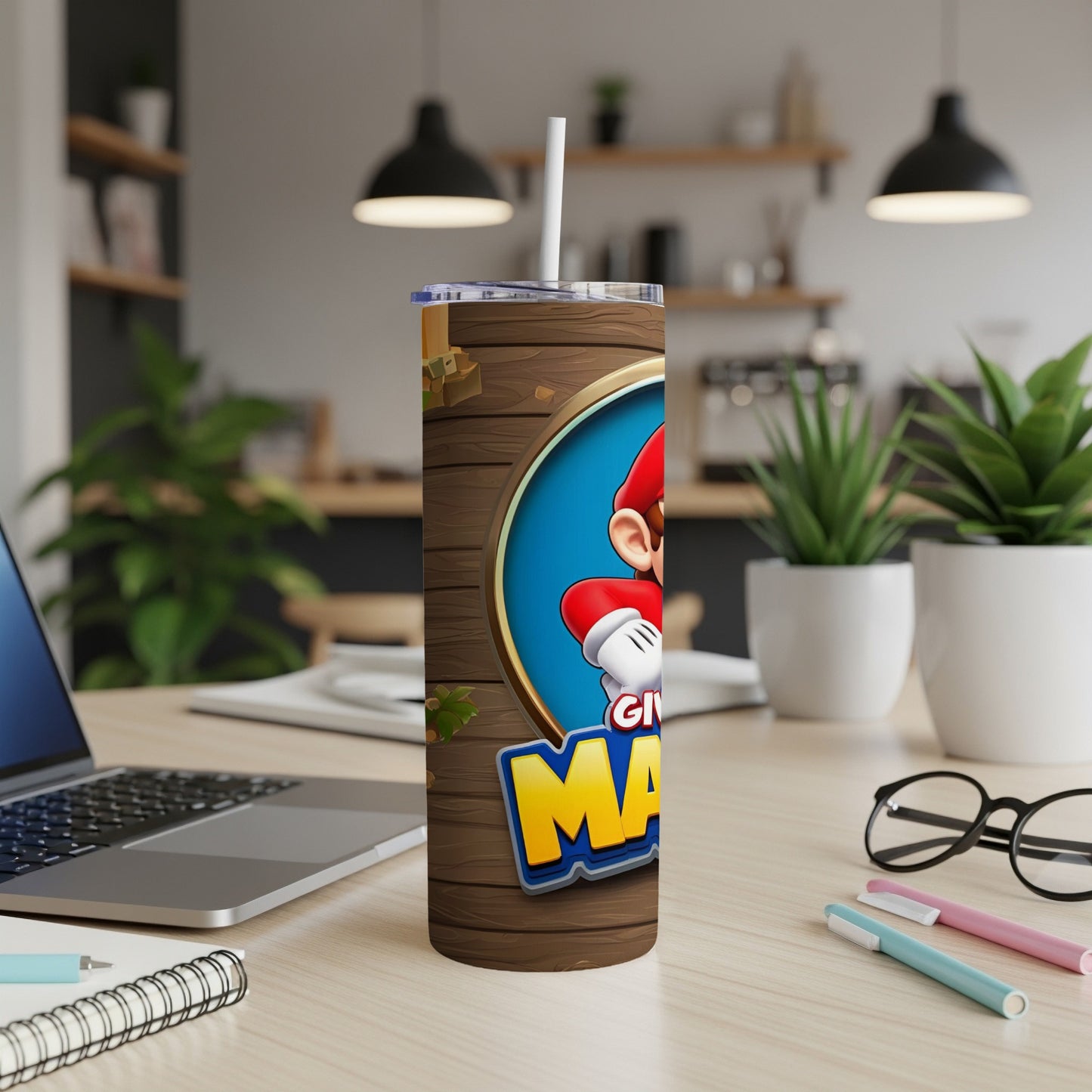 Mario character on a wooden-textured tumbler with a straw.