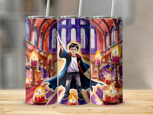 Harry Potter character with wand in grand hall with candles and people.