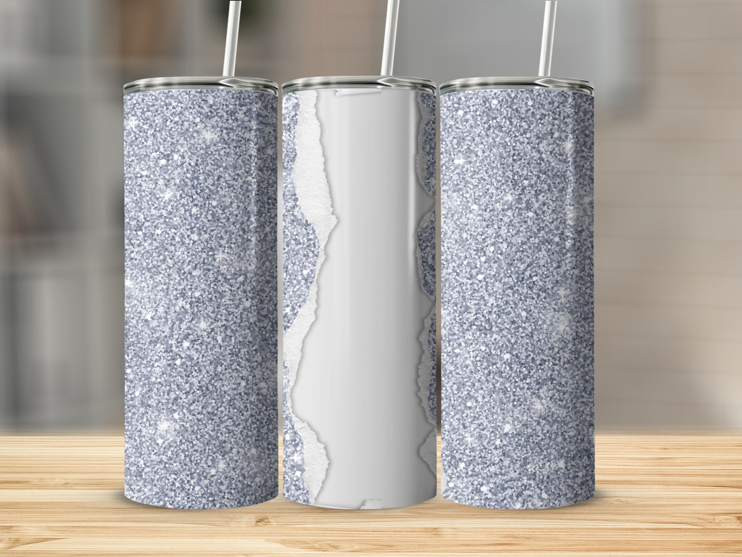 Glittery silver tumbler with a ripped paper texture in the center.