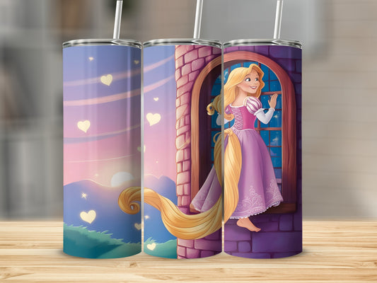 Rapunzel in a purple dress looking out a window, with a heart-filled sky and mountains.