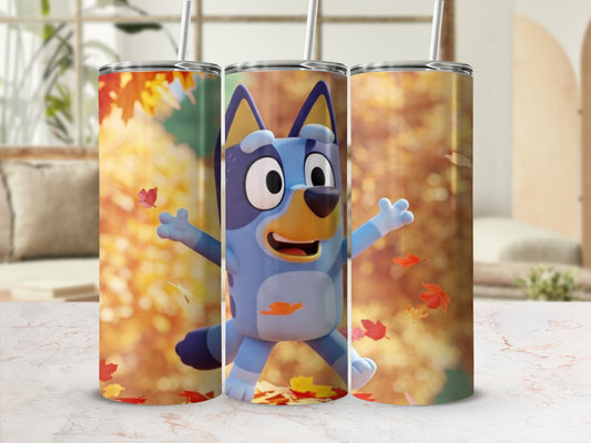 Animated Blue Dog Character Autumn Leaves Themed Tumbler
