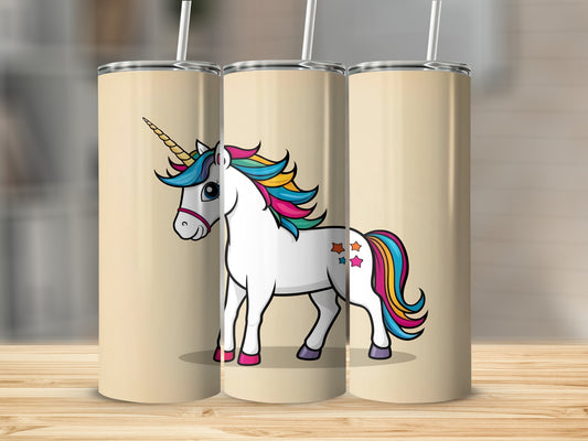 Three tumblers featuring a white unicorn with a rainbow mane and tail.