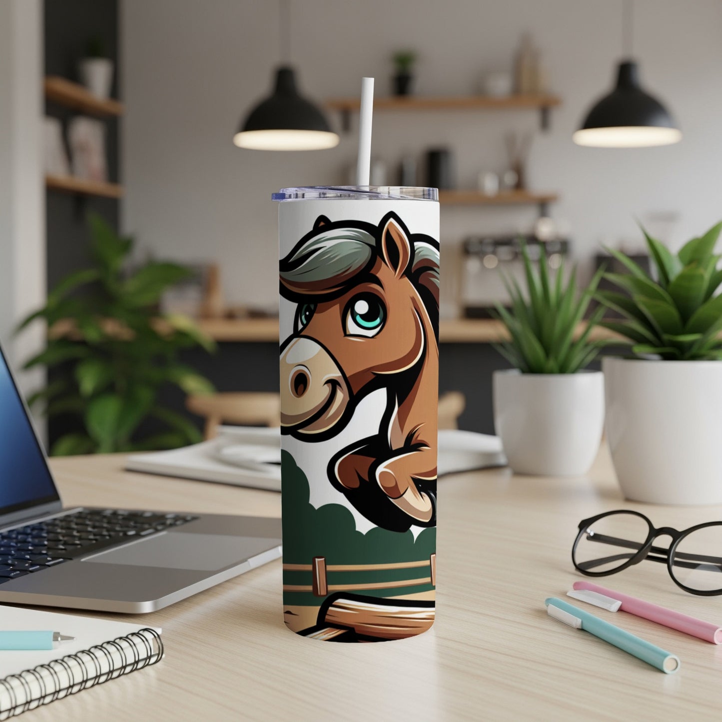 Cartoon horse jumping over a fence, on a tumbler.